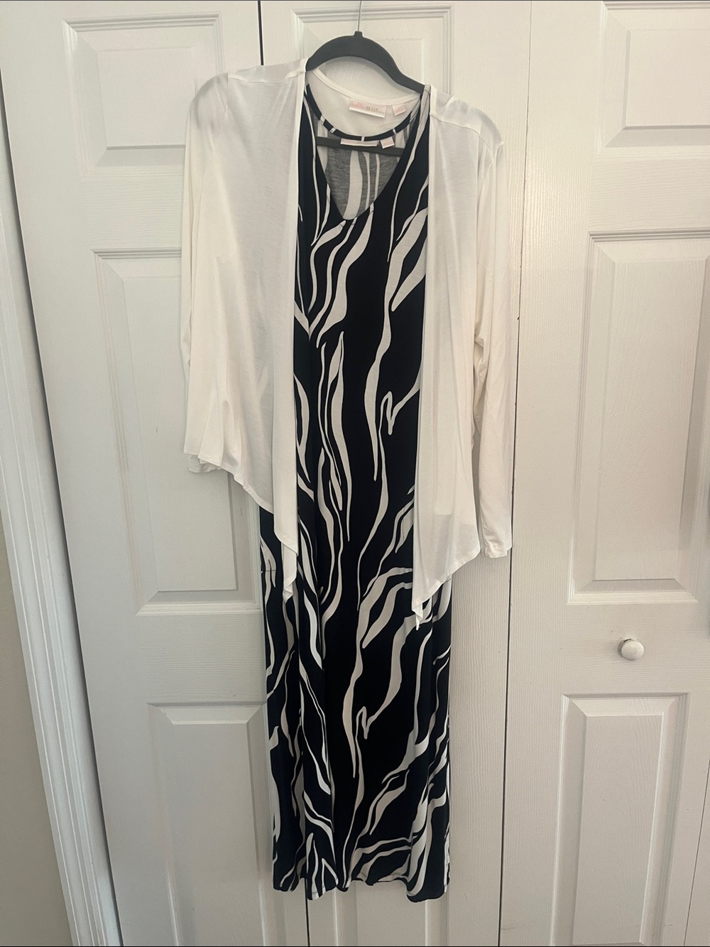 Belle by Kim Gravel Black and White Patterned Maxi Dress with White Cardigan
